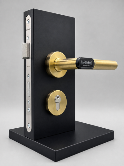 EasyLifeKey® Digitaler Türdrücker • PSD-Ausführung in Gold • Ausführung: Rundrosette mit L-Griff •