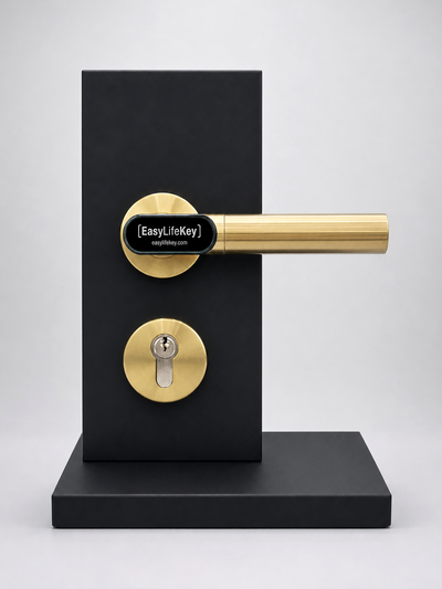 EasyLifeKey® Digitaler Türdrücker • PSD-Ausführung in Gold • Ausführung: Rundrosette mit L-Griff •
