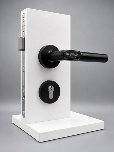 EasyLifeKey® Digitaler Türdrücker • PSD-Ausführung in Schwarz-matt • Ausführung: Rundrosette mit L-Griff